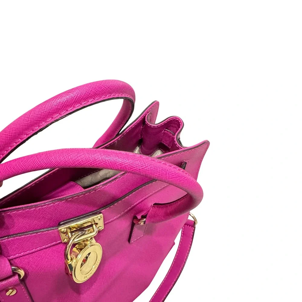 Michael Kors Hamilton Satchel Womens Large Fuchsia Pink Padlock Chain Bag - Picture 9 of 16